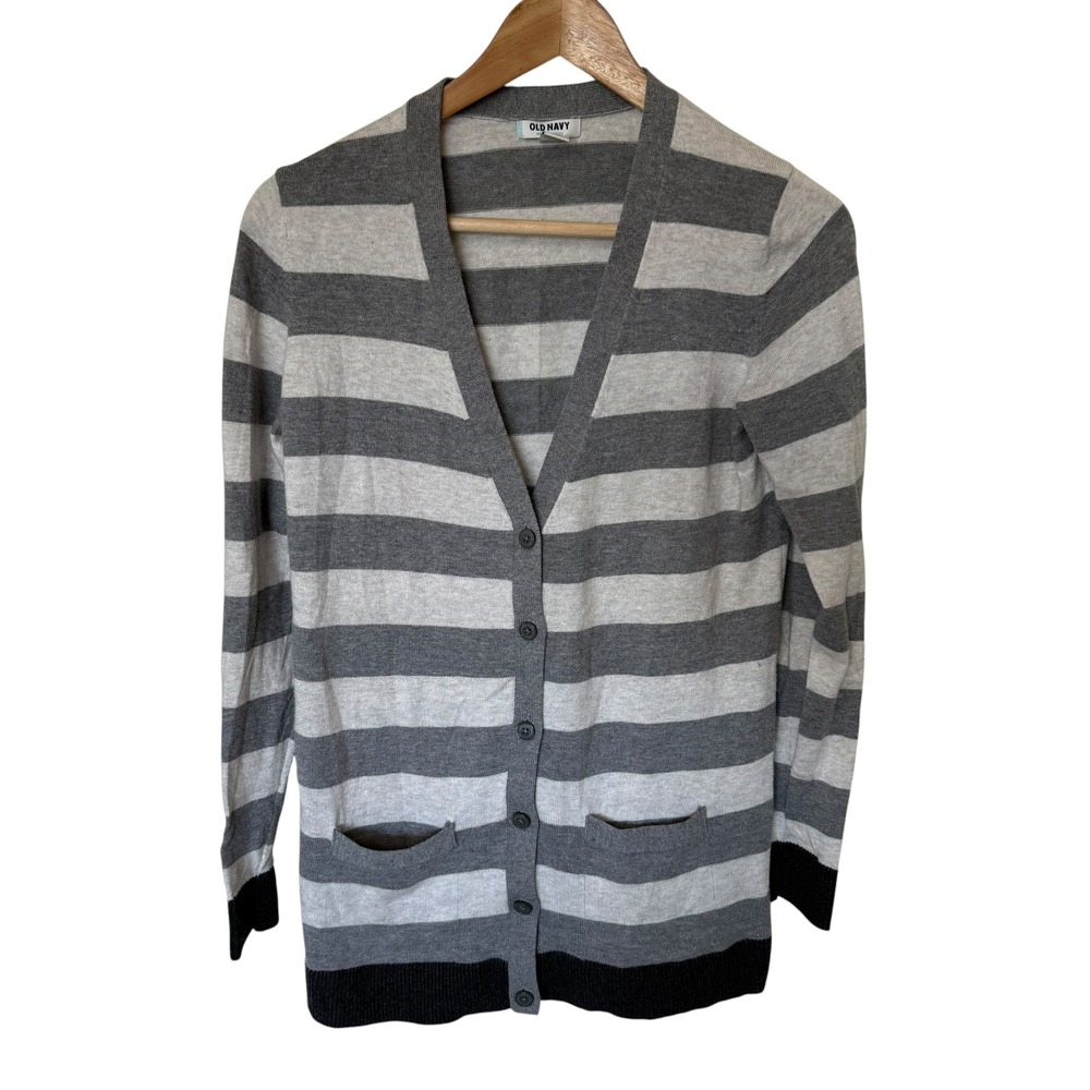 Old Navy Cardigan Women Small Petite Gray White Excellent Striped Button Front